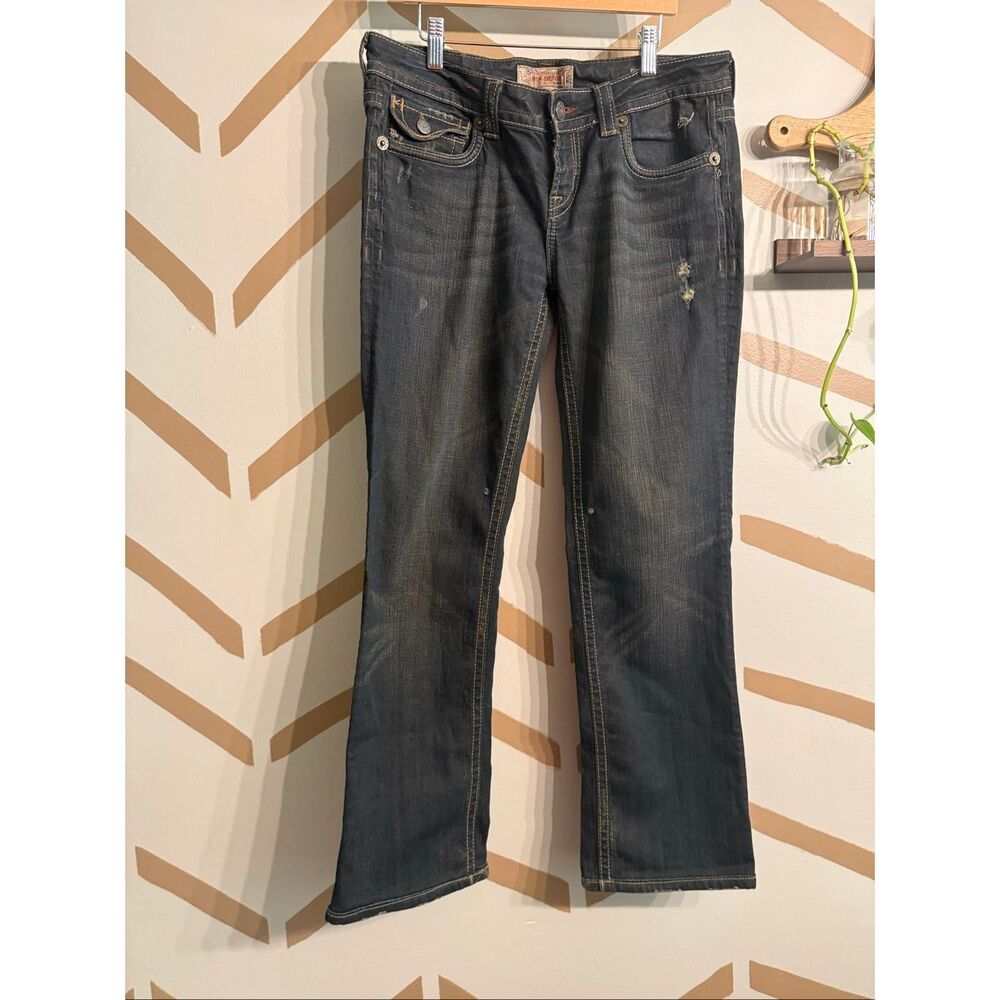MEK Denim Black Dark Wash Distressed Santiago Straight Jeans‎ Size 31x34